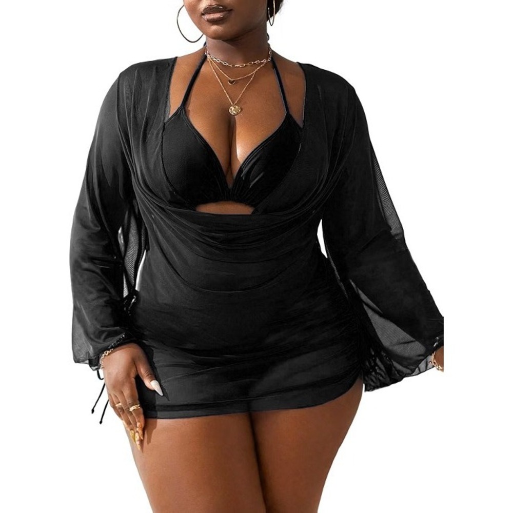 Womens Black 3 Piece Bikini Set with Mesh Ruched Cover Up Size 4XL